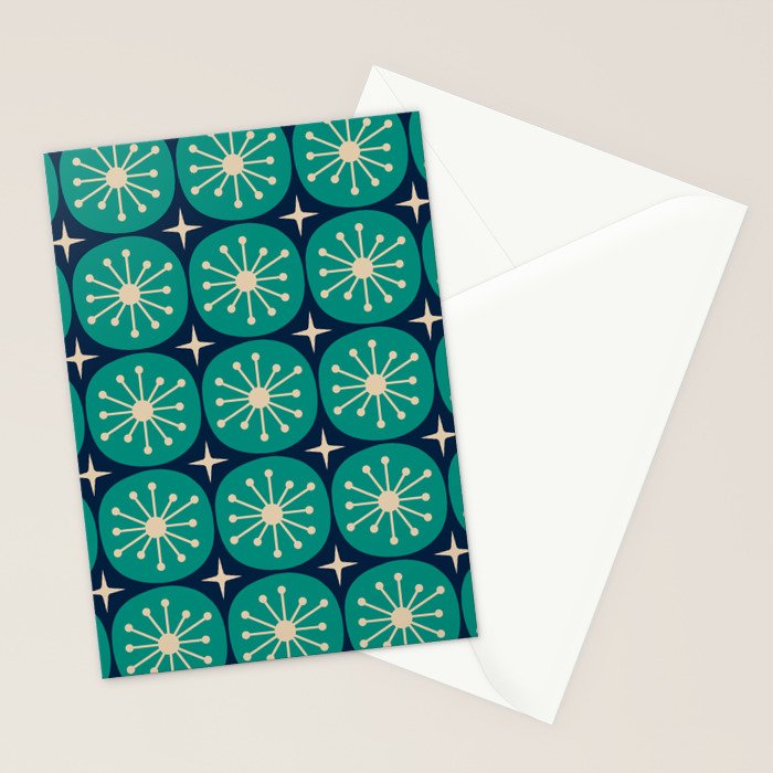 Mid Century Modern Atomic Dots and Stars Retro Pattern in Mid Mod Teal Turquoise Navy Blue Beige Stationery Card Gallery Image 2