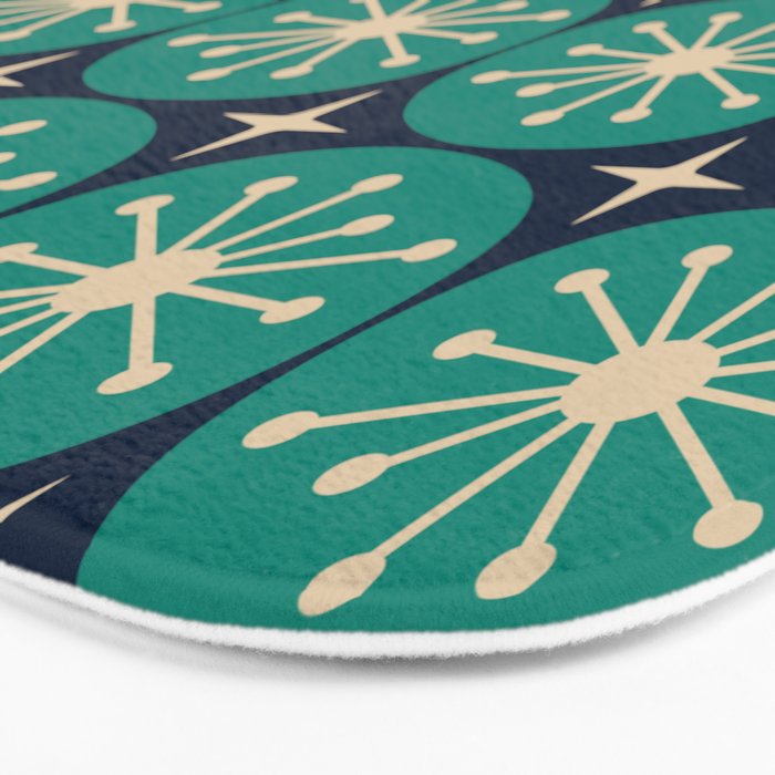 Mid Century Modern Atomic Dots and Stars Retro Pattern in Mid Mod Teal Turquoise Navy Blue Beige Bath Mat Gallery Image 3