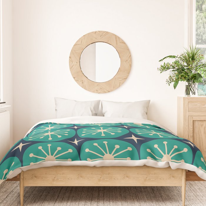 Mid Century Modern Atomic Dots and Stars Retro Pattern in Mid Mod Teal Turquoise Navy Blue Beige Duvet Cover Gallery Image 3