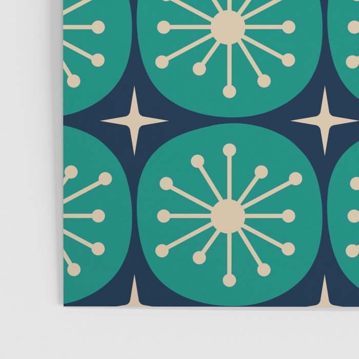 Mid Century Modern Atomic Dots and Stars Retro Pattern in Mid Mod Teal Turquoise Navy Blue Beige Poster Gallery Image 3