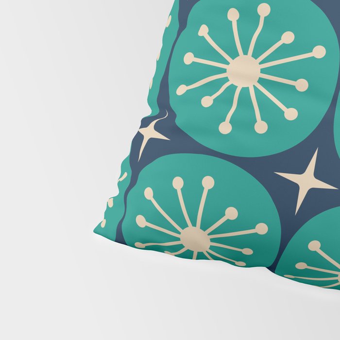 Mid Century Modern Atomic Dots and Stars Retro Pattern in Mid Mod Teal Turquoise Navy Blue Beige Pillow Sham Gallery Image 4
