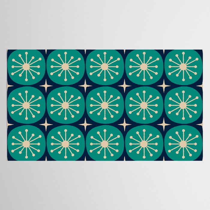 Mid Century Modern Atomic Dots and Stars Retro Pattern in Mid Mod Teal Turquoise Navy Blue Beige Tablecloth Gallery Image 2