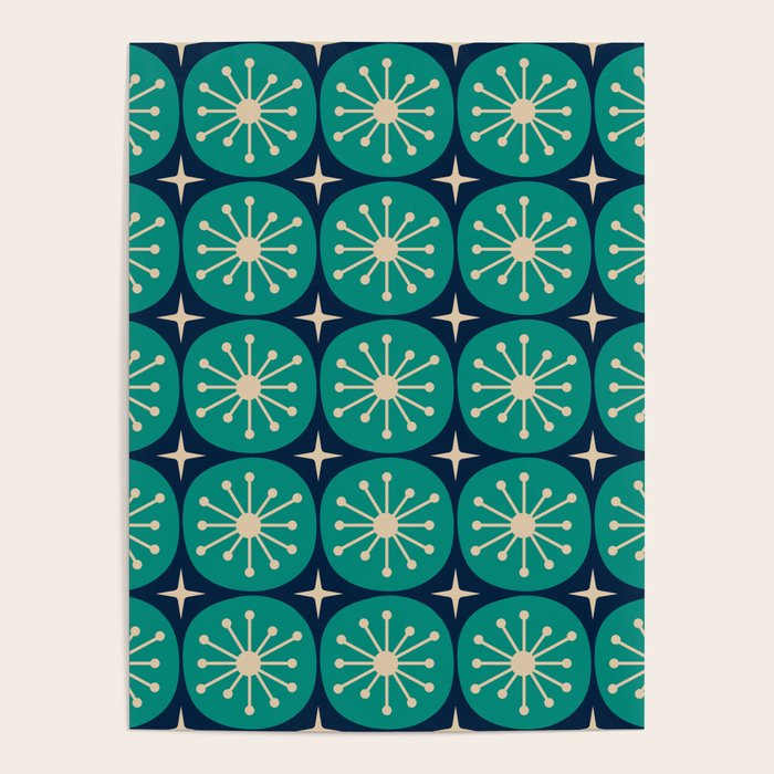 Mid Century Modern Atomic Dots and Stars Retro Pattern in Mid Mod Teal Turquoise Navy Blue Beige Poster Gallery Image 1