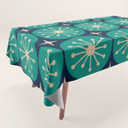 Mid Century Modern Atomic Dots and Stars Retro Pattern in Mid Mod Teal Turquoise Navy Blue Beige Tablecloth Gallery Image 1