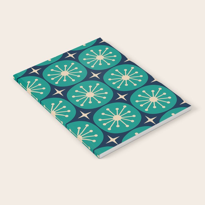 Mid Century Modern Atomic Dots and Stars Retro Pattern in Mid Mod Teal Turquoise Navy Blue Beige Notebook Gallery Image 1