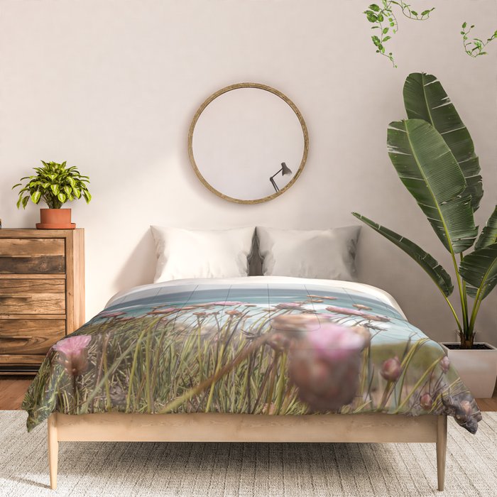 Pink Flowers by the Ocean | Travel Photography in Portugal Art Print | Summer at Bordeira Beach Comforter Gallery Image 3