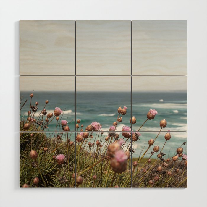 Pink Flowers by the Ocean | Travel Photography in Portugal Art Print | Summer at Bordeira Beach Wood Wall Art Gallery Image 1