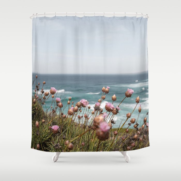 Pink Flowers by the Ocean | Travel Photography in Portugal Art Print | Summer at Bordeira Beach Shower Curtain Gallery Image 1