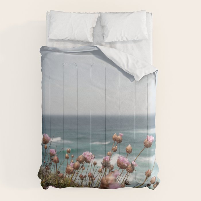 Pink Flowers by the Ocean | Travel Photography in Portugal Art Print | Summer at Bordeira Beach Comforter Gallery Image 1