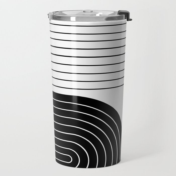 Two Tone Line Curvature VIII Black and White Modern Arch Abstract Travel Mug Gallery Image 2