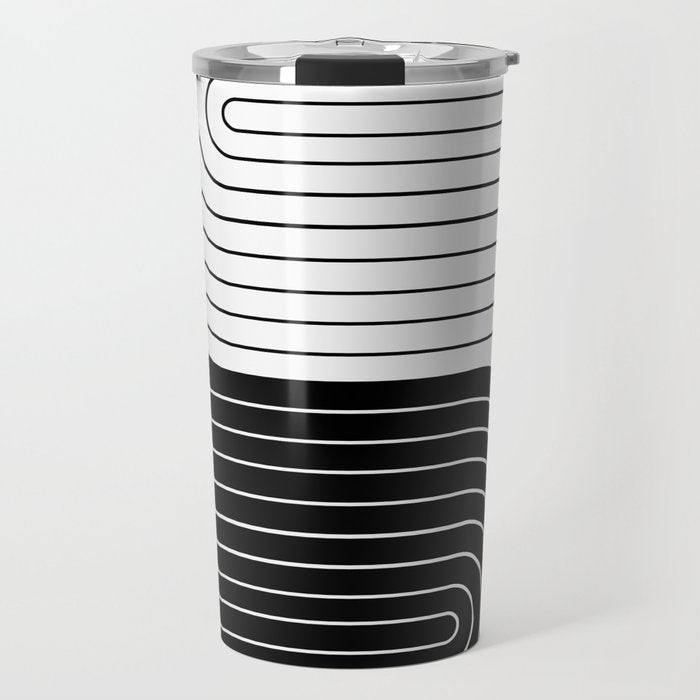 Two Tone Line Curvature VIII Black and White Modern Arch Abstract Travel Mug Gallery Image 1