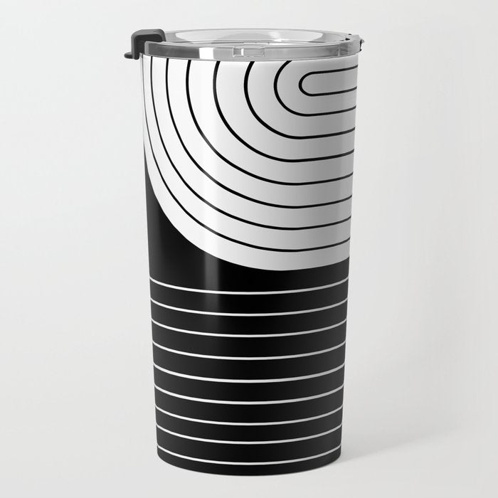 Two Tone Line Curvature VIII Black and White Modern Arch Abstract Travel Mug Gallery Image 3