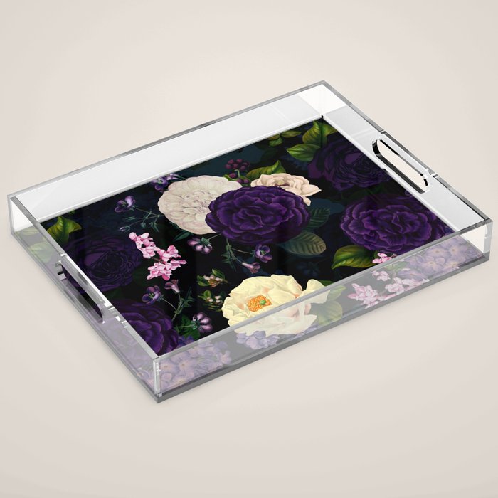 Vintage Midnight Purple Botanical Roses Flower Garden Acrylic Tray Gallery Image 1