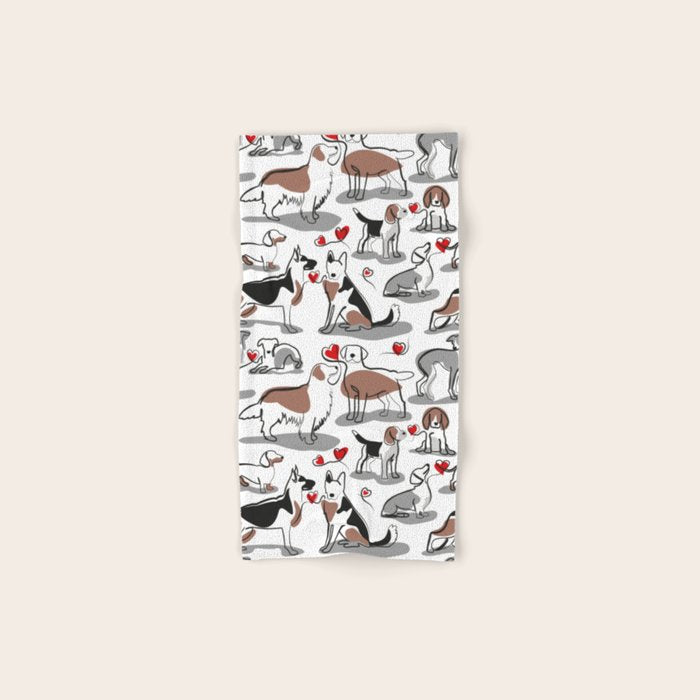 Woof endless love // white background red hearts continuous lined pair of dog breeds Bath Towel Gallery Image 1