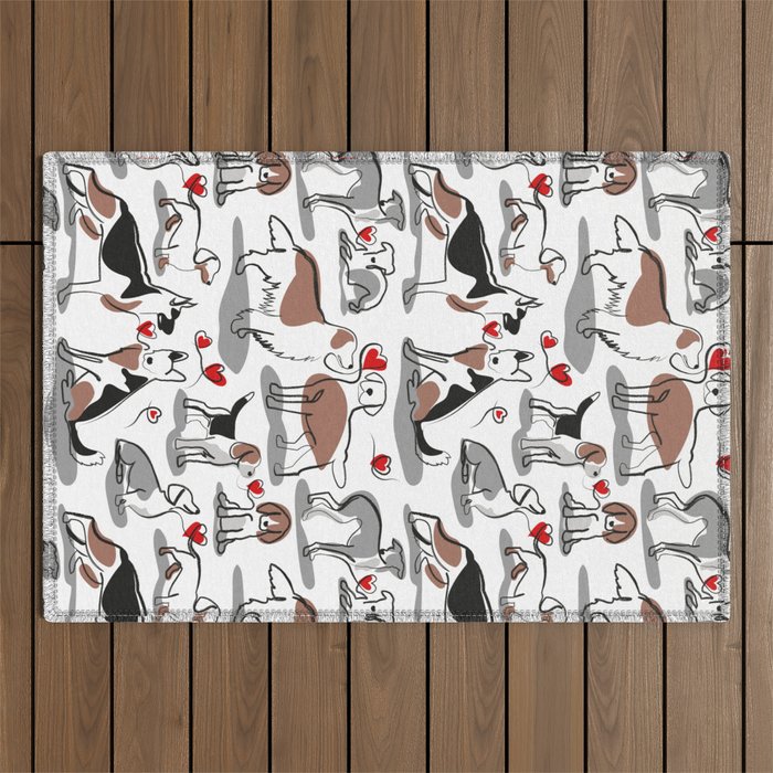 Woof endless love // white background red hearts continuous lined pair of dog breeds Outdoor Rug Gallery Image 1