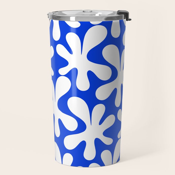 Bold Blue and White Funky Amoeba Dance Pattern Travel Mug Gallery Image 2