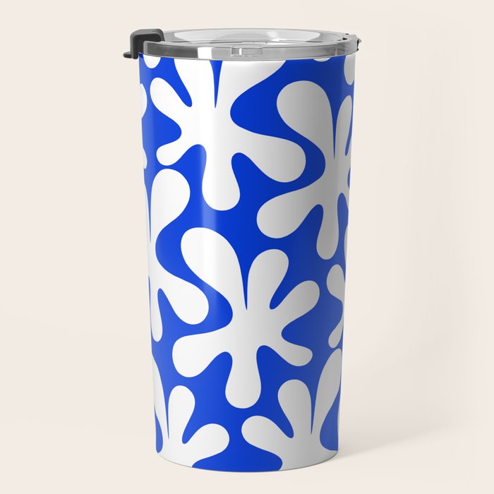 Bold Blue and White Funky Amoeba Dance Pattern Travel Mug Gallery Image 3