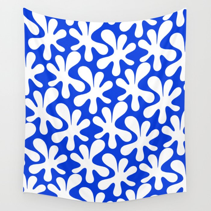 Bold Blue and White Funky Amoeba Dance Pattern Wall Tapestry Gallery Image 4