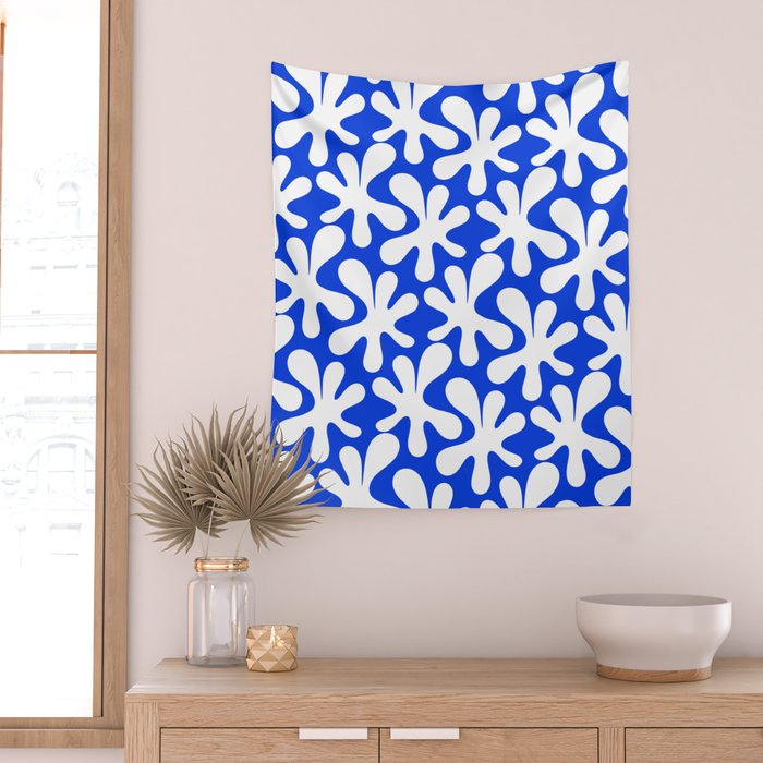 Bold Blue and White Funky Amoeba Dance Pattern Wall Tapestry Gallery Image 2