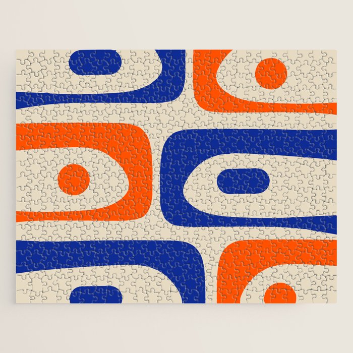 Mid Century Modern Abstract Retro Piquet Pattern in Blue and Orange Jigsaw Puzzle Gallery Image 1