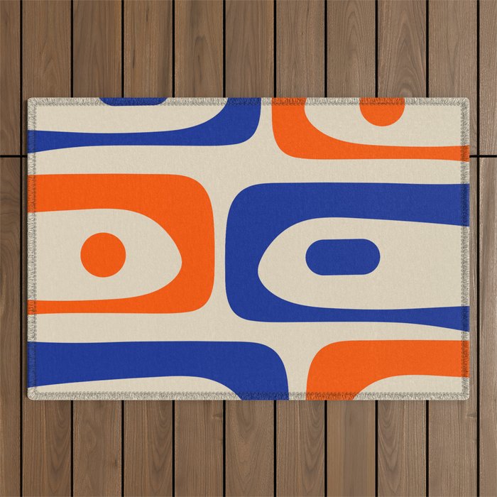 Mid Century Modern Abstract Retro Piquet Pattern in Blue and Orange Outdoor Rug Gallery Image 1
