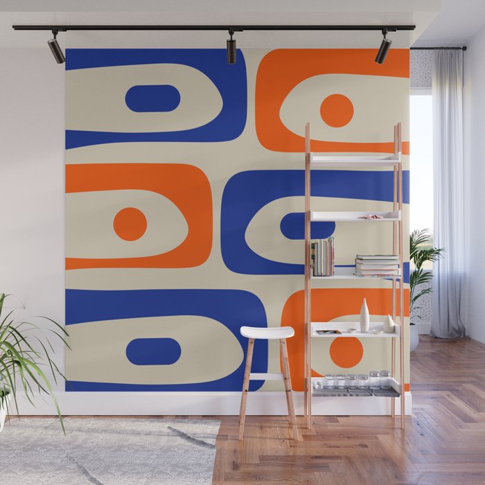 Mid Century Modern Abstract Retro Piquet Pattern in Blue and Orange Wall Mural Gallery Image 1
