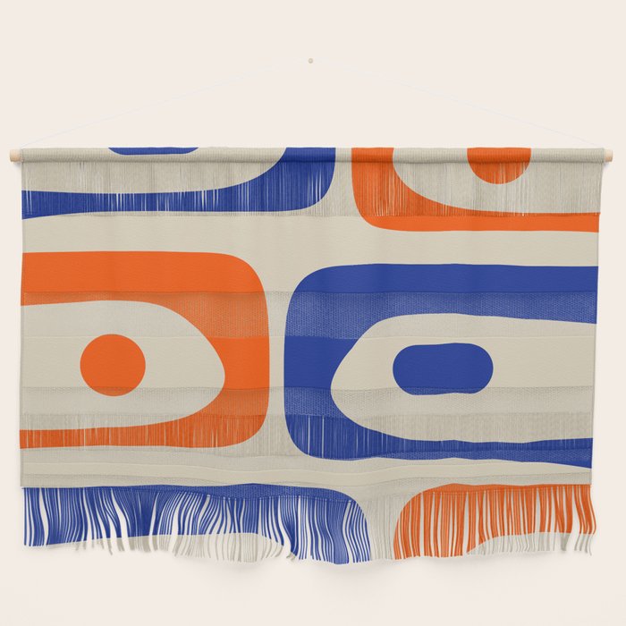 Mid Century Modern Abstract Retro Piquet Pattern in Blue and Orange Wall Hanging Gallery Image 1
