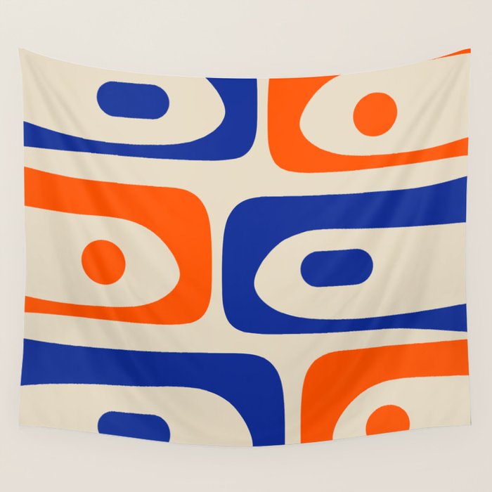 Mid Century Modern Abstract Retro Piquet Pattern in Blue and Orange Wall Tapestry Gallery Image 4