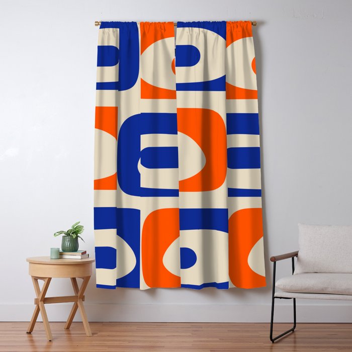 Mid Century Modern Abstract Retro Piquet Pattern in Blue and Orange Window Curtain Gallery Image 5