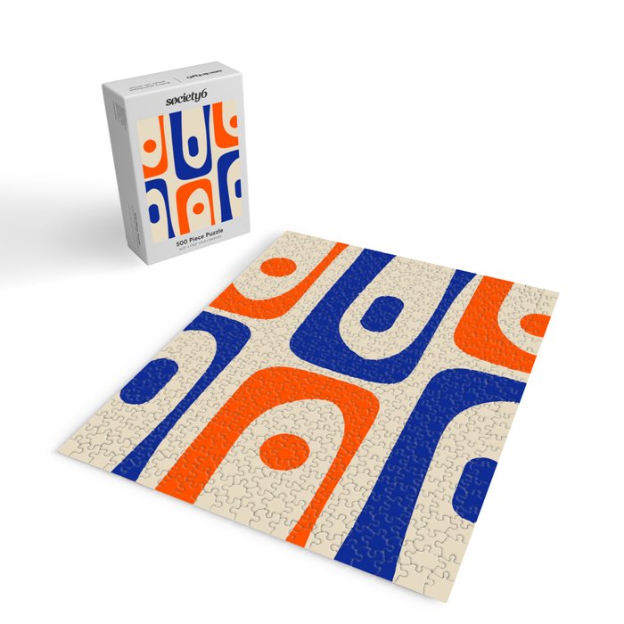 Mid Century Modern Abstract Retro Piquet Pattern in Blue and Orange Jigsaw Puzzle Gallery Image 2