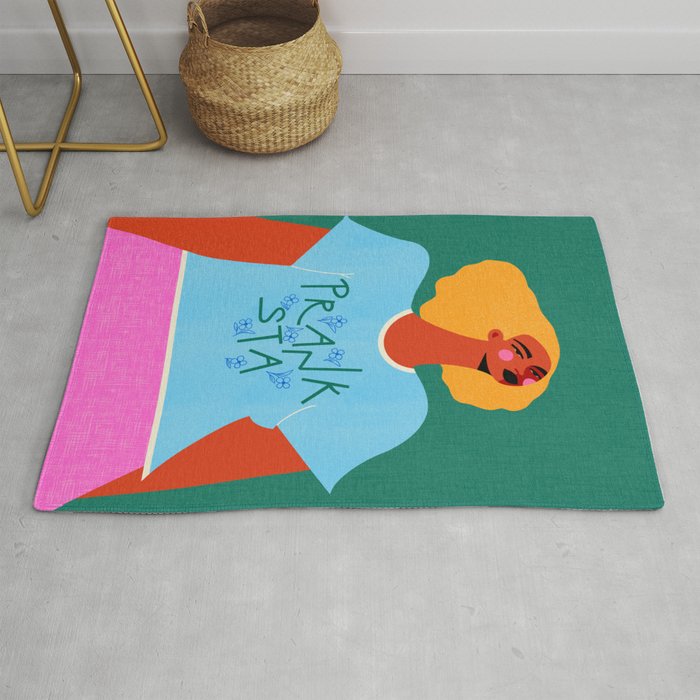 Floral Pranksta - Bold Black Woman Illustration in Graphic Tee Rug Gallery Image 1