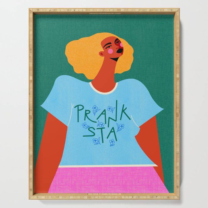 Floral Pranksta - Bold Black Woman Illustration in Graphic Tee Serving Tray Gallery Image 1