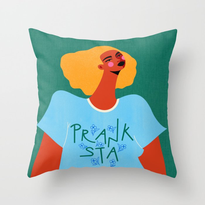 Floral Pranksta - Bold Black Woman Illustration in Graphic Tee Throw Pillow Gallery Image 1