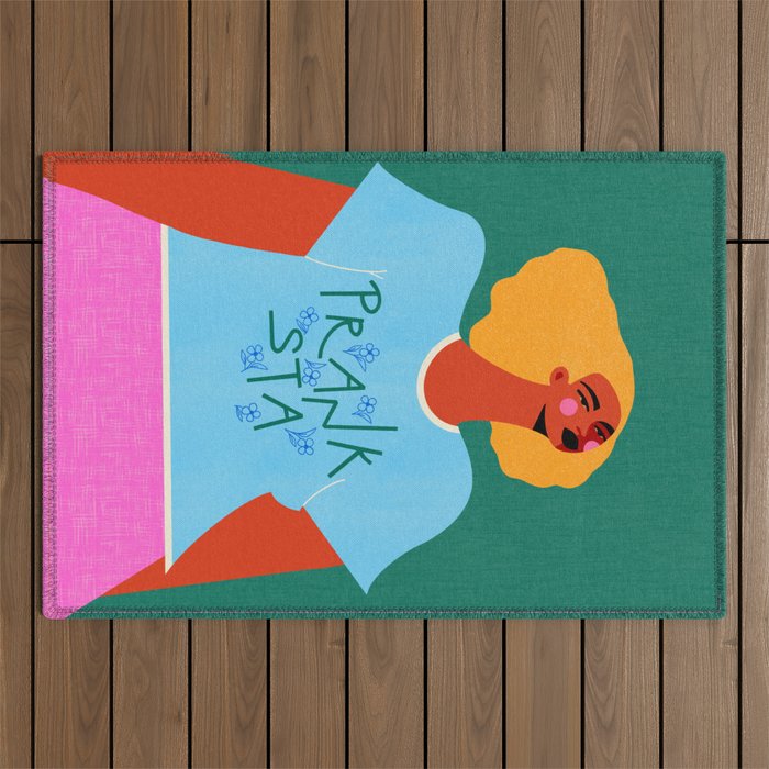 Floral Pranksta - Bold Black Woman Illustration in Graphic Tee Outdoor Rug Gallery Image 1