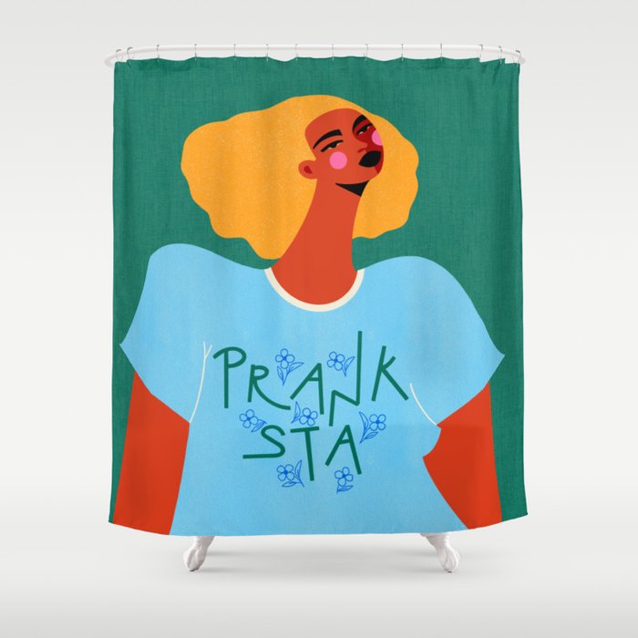 Floral Pranksta - Bold Black Woman Illustration in Graphic Tee Shower Curtain Gallery Image 1