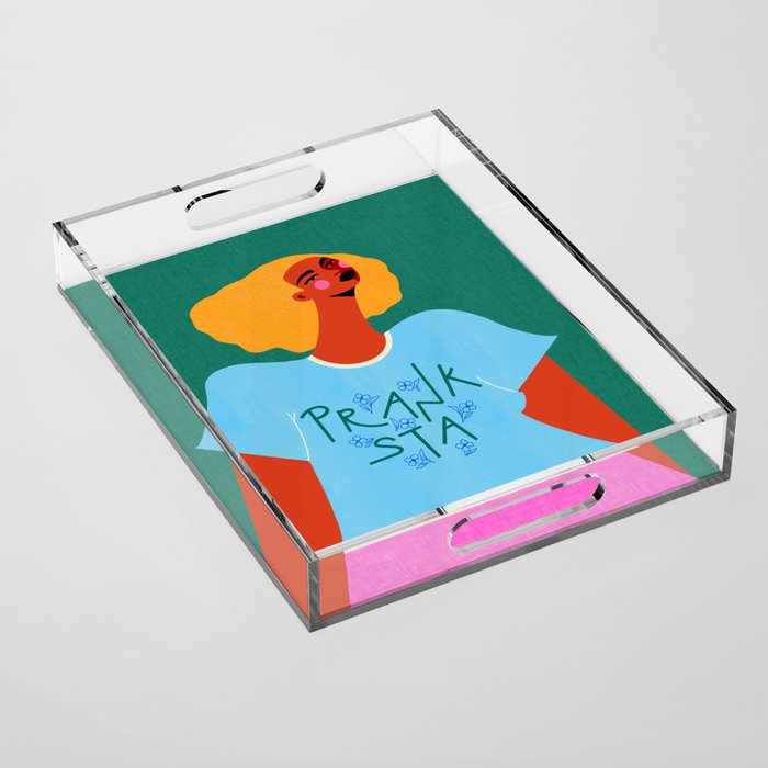 Floral Pranksta - Bold Black Woman Illustration in Graphic Tee Acrylic Tray Gallery Image 1