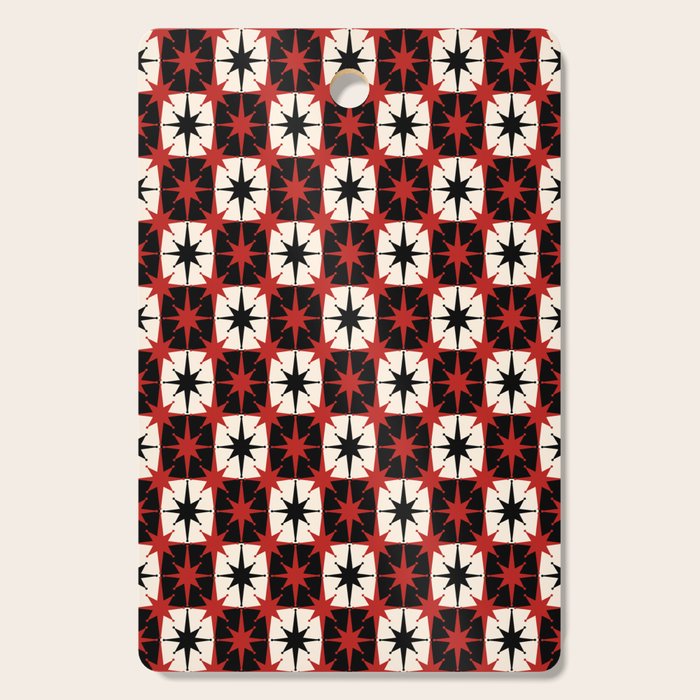 Mid Century Modern Atomic Stars Retro Checkered Starburst Pattern in Black Cream Red Cutting Board Gallery Image 1