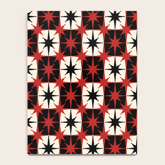 Mid Century Modern Atomic Stars Retro Checkered Starburst Pattern in Black Cream Red Notebook Gallery Image 4