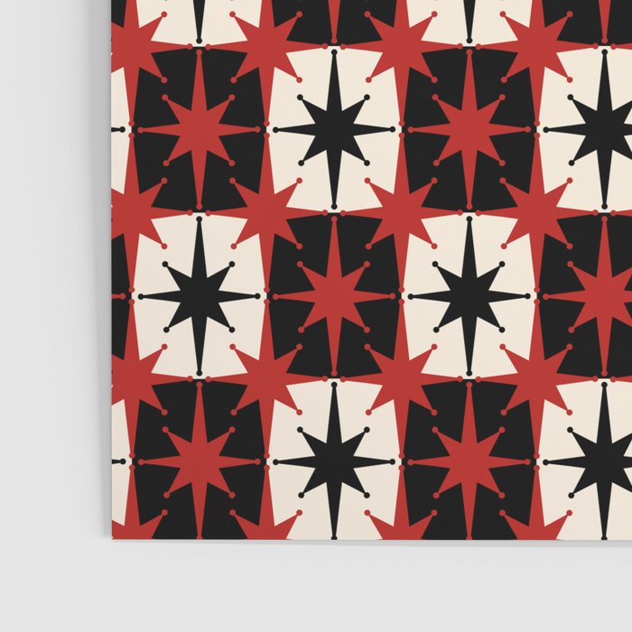 Mid Century Modern Atomic Stars Retro Checkered Starburst Pattern in Black Cream Red Poster Gallery Image 3
