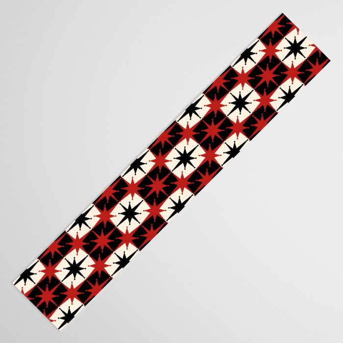 Mid Century Modern Atomic Stars Retro Checkered Starburst Pattern in Black Cream Red Table Runner Gallery Image 3