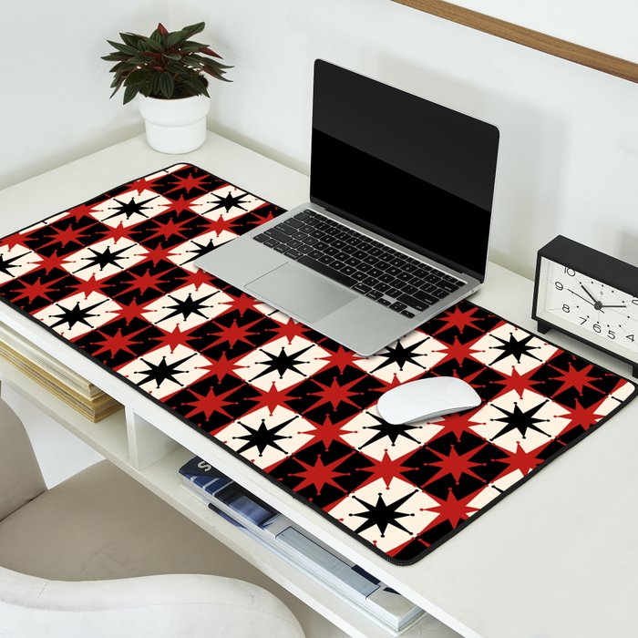 Mid Century Modern Atomic Stars Retro Checkered Starburst Pattern in Black Cream Red Desk Mat Gallery Image 2