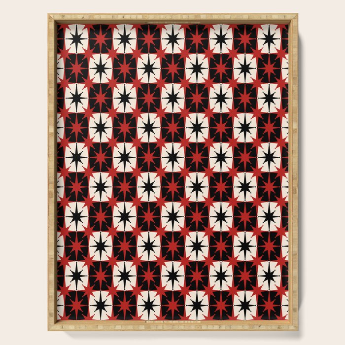 Mid Century Modern Atomic Stars Retro Checkered Starburst Pattern in Black Cream Red Serving Tray Gallery Image 1