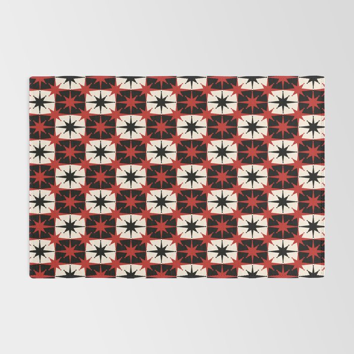 Mid Century Modern Atomic Stars Retro Checkered Starburst Pattern in Black Cream Red Rug Gallery Image 2
