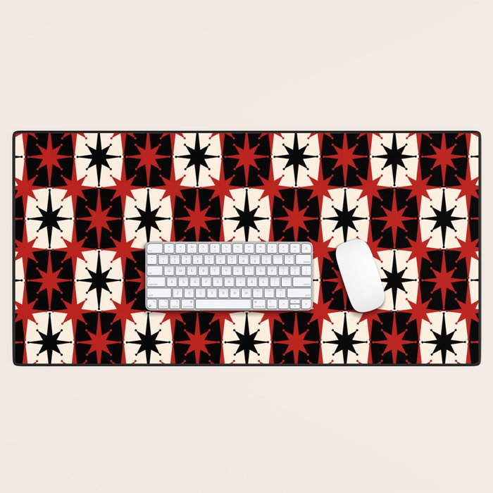 Mid Century Modern Atomic Stars Retro Checkered Starburst Pattern in Black Cream Red Desk Mat Gallery Image 1