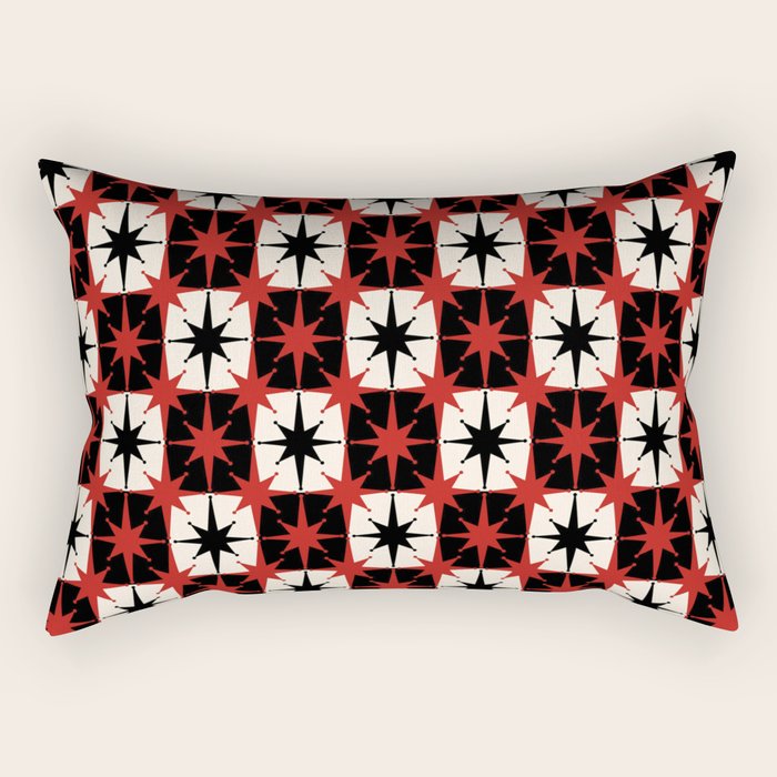 Mid Century Modern Atomic Stars Retro Checkered Starburst Pattern in Black Cream Red Rectangular Pillow Gallery Image 1