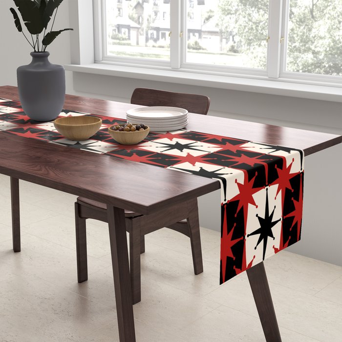 Mid Century Modern Atomic Stars Retro Checkered Starburst Pattern in Black Cream Red Table Runner Gallery Image 2