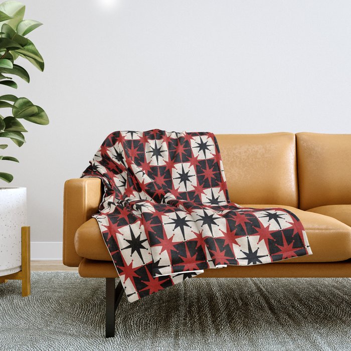 Mid Century Modern Atomic Stars Retro Checkered Starburst Pattern in Black Cream Red Throw Blanket Gallery Image 1