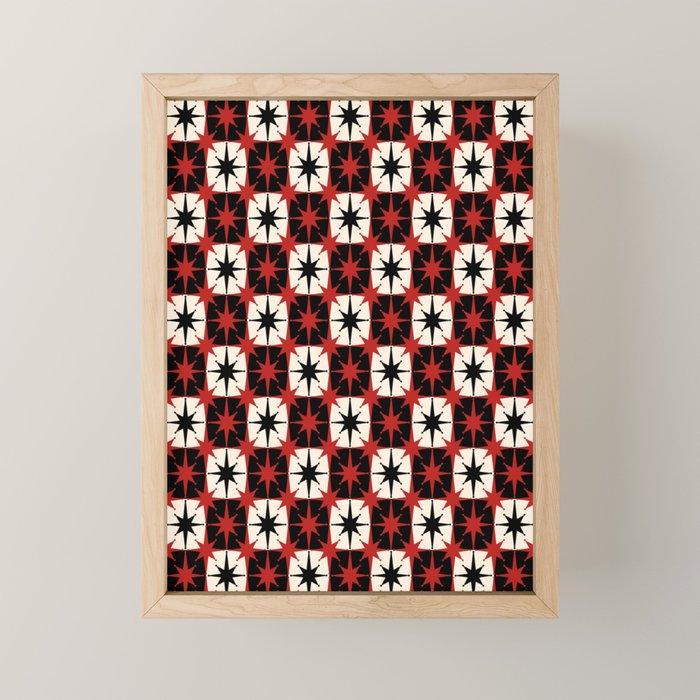 Mid Century Modern Atomic Stars Retro Checkered Starburst Pattern in Black Cream Red Mini Art Print Gallery Image 1