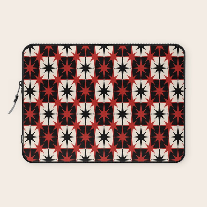 Mid Century Modern Atomic Stars Retro Checkered Starburst Pattern in Black Cream Red Laptop Sleeve Gallery Image 1