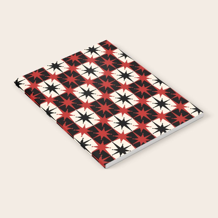 Mid Century Modern Atomic Stars Retro Checkered Starburst Pattern in Black Cream Red Notebook Gallery Image 2